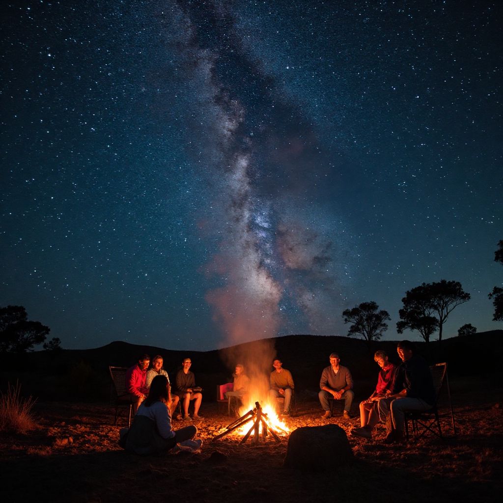 Nighttime campfire with stars above