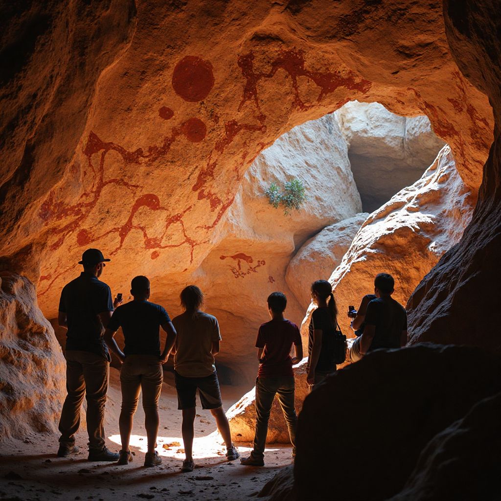 Aboriginal guide showing rock art to tourists