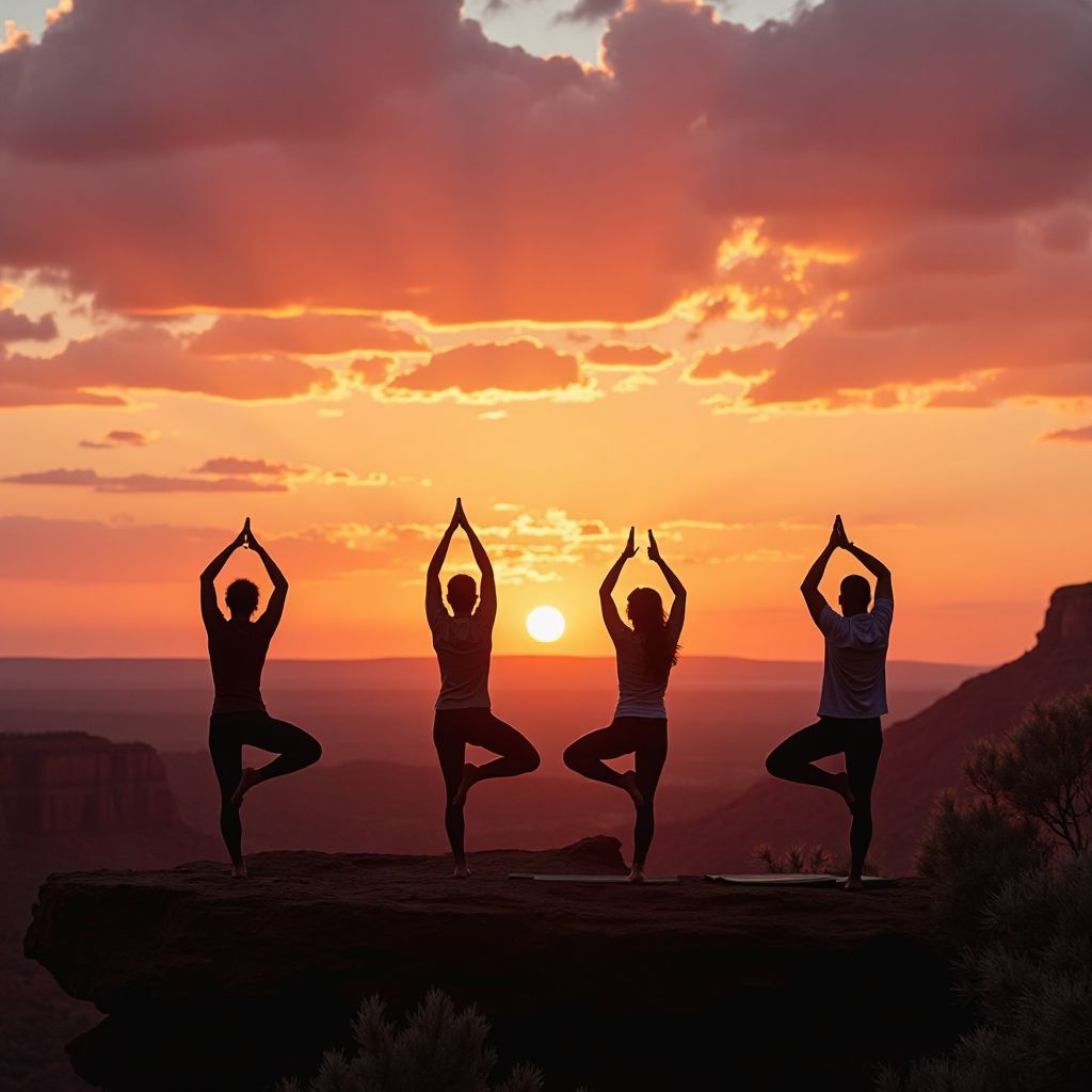 Sunrise yoga session in outback setting
