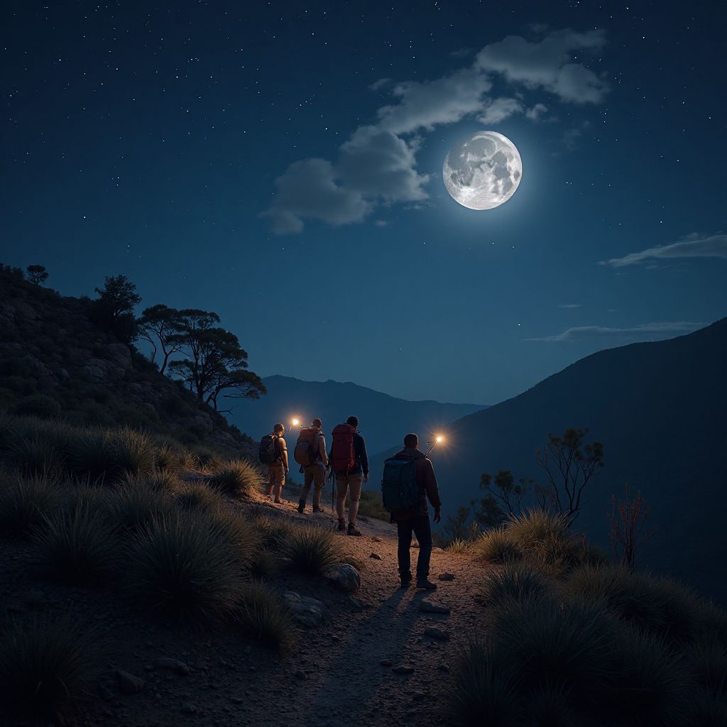 Group hiking under full moon in outback