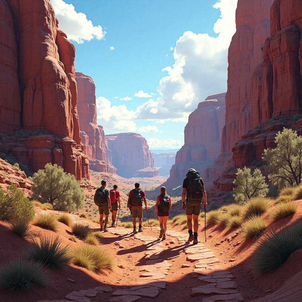 Group hiking through dramatic outback canyons