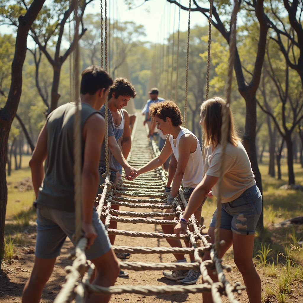 Corporate team engaged in outdoor team-building activity