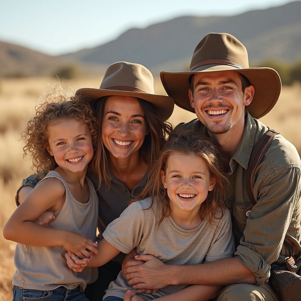 Family of four smiling after outback adventure