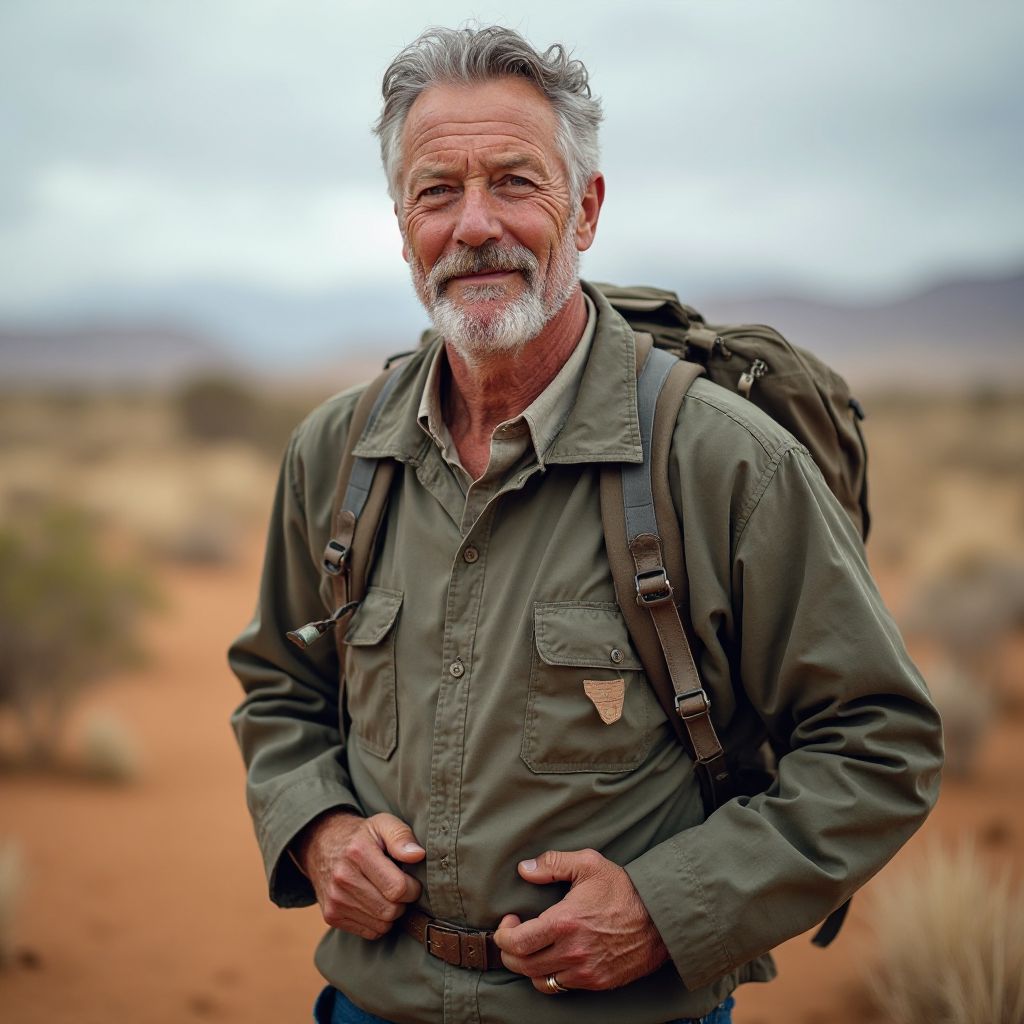 Middle-aged man with backpack in outback setting