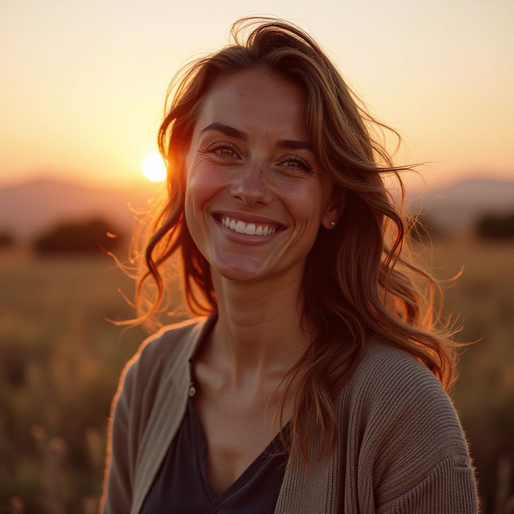 Woman smiling in front of outback sunset